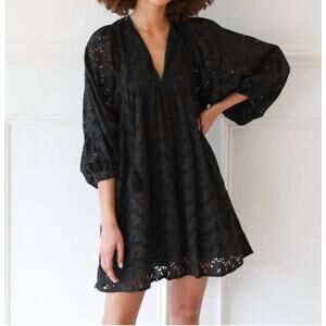 Mille Eyelet Daisy Mini Dress Small Black Floral Balloon Sleeves 100% Cotton
